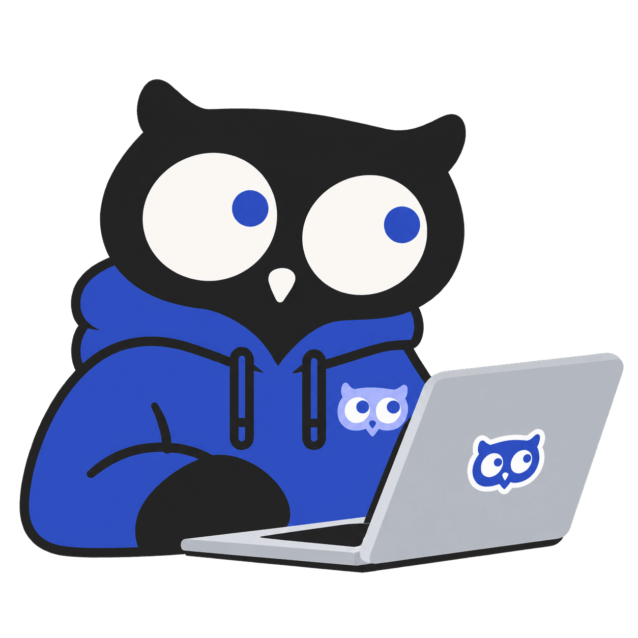 The WonderWorks owl working on a laptop